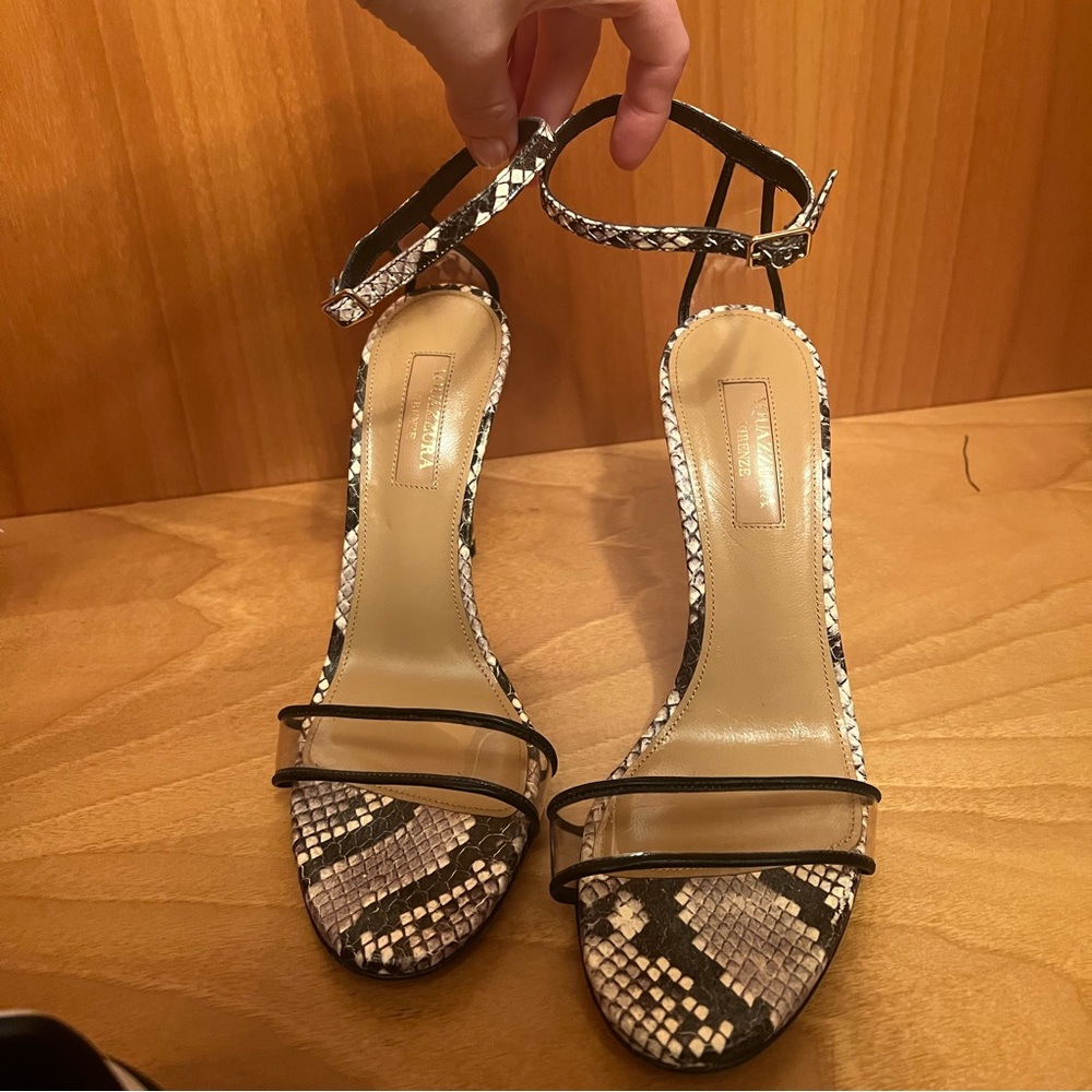 AQUAZZURA Grey Snakeskin Leather Strappy See Through Open Toe Heels Size 36.5